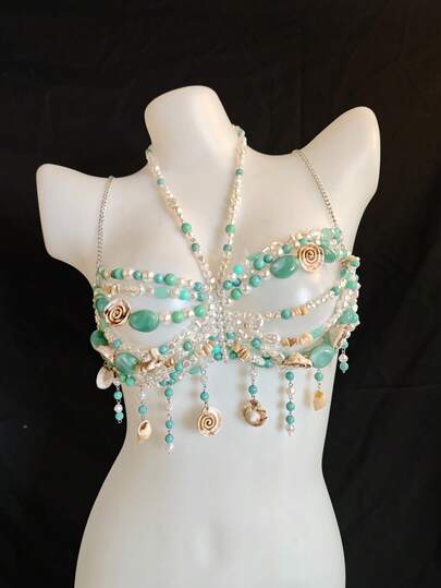 PAFAHE Cadena de pecho unisex sexy de cristal acrílico, perla y lentejuelas, con colgante de concha y caracol marino, accesorio de cadena de metal para fiesta, playa, festival de música, traje de bikini