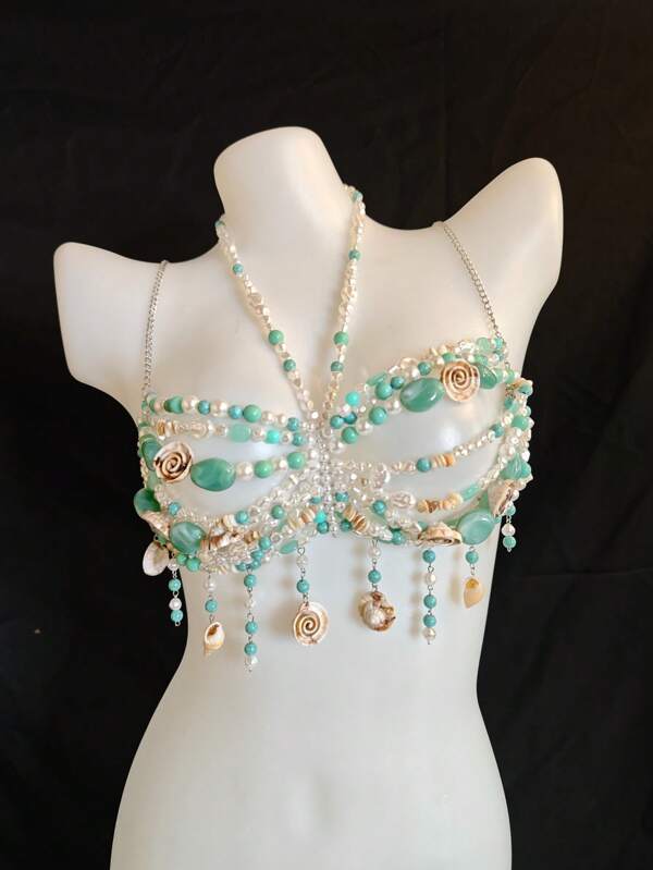 PAFAHE Unisex Sexy Acrylic Crystal Pearl Sequin Chest Chain, Shell & Sea Snail Pendant Body Chain, Metal Iron Chain Accessories For Party, Beach, Music Festival, Bikini Outfit