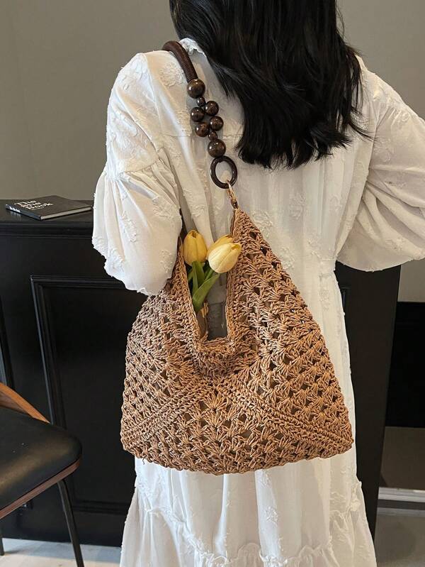 Bolsa Casual de Verão para Férias Tecida para Mulheres, Bolsa de Praia Casual para Compras, Nova Chegada Bolsa de Ombro Feita à Mão de Palha