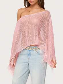 Women's Off-Shoulder Lightweight Crocheted Lace Mesh Tassel Cover-Up – Effortlessly Chic With Breathable Mesh  Flowing Tassels For Beach, Street, Or Casual Outings - 粉色 - 查看 2