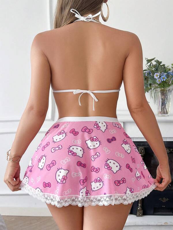 Sanrio 2 Stücke Damen Rosa Hello Kitty Süßer Digitaldruck, süße Schlafanzug Oberteil & Kleid, Rosa Pyjama, V-Ausschnitt, Kontrastspitze, Dreipunkt Oberteil & kurzer Rock, Sexy Dessous Set