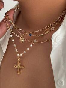 4 Pieces Colorful Gemstone Pearl Sun Cross Gorgeous Fashion Metal Silver Women's Necklace Set, Suitable For Banquet Dance Party Concert Match Daily Clothing Accessories - 銀色 - 查看 3