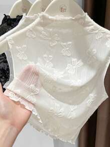 1pc Women's Slim Fit Sleeveless Knit Top With Double Ruffle Hem & Detachable Collar