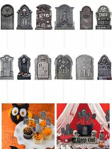 12 件万圣节纸杯蛋糕装饰墓碑蛋糕签墓地蛋糕装饰墓碑蛋糕签恐怖万圣节纸杯蛋糕装饰万圣节恐怖派对 - 彩色 - 查看 1