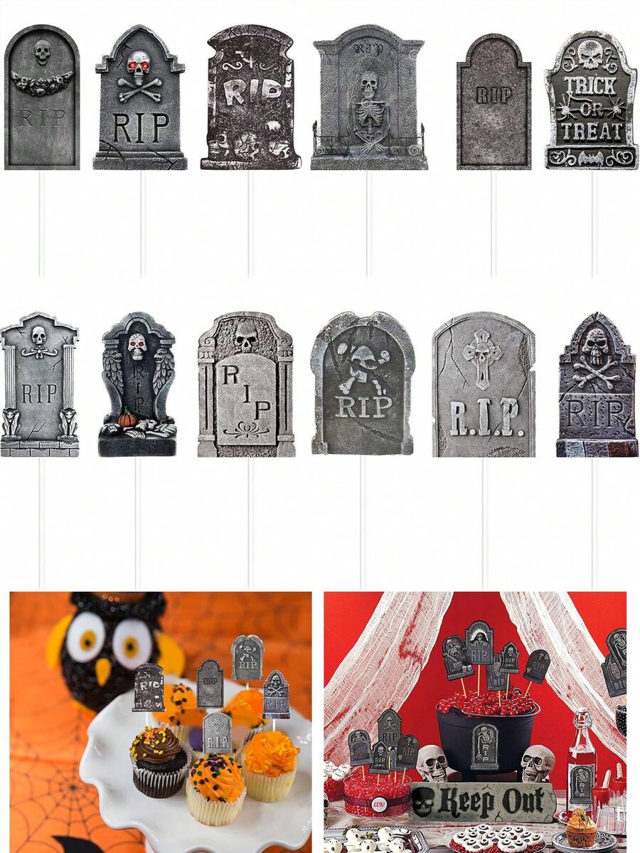 12 件万圣节纸杯蛋糕装饰墓碑蛋糕签墓地蛋糕装饰墓碑蛋糕签恐怖万圣节纸杯蛋糕装饰万圣节恐怖派对 - 彩色 - 查看 1