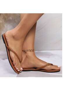 Women's Solid Color Flip Flops, Lightweight Slip-On Open Toe Sandals, Woven Strap Slide Sandals - Brown - View 3