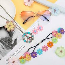 5pcs/Set Hippie Style Accessories Set: Peace Sign Necklace, Daisy Earrings, Flower Headband, Sunglasses, 60s Fashion Halloween - Blue - View 6