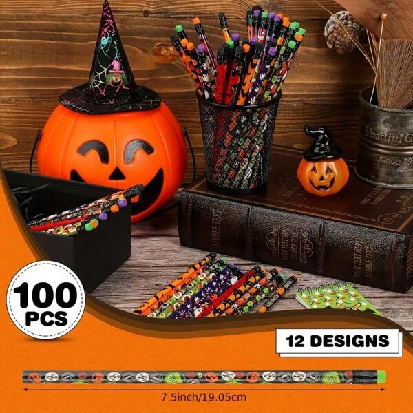 Conjunto de lápis de Halloween com borracha, 24/12, prêmio para festa de Halloween, 12 lápis de madeira coloridos em formato de abóbora, fornecidos aleatoriamente [volta às aulas] [lápis, cor e estilo aleatórios]