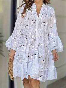 Women's Fashion Casual Hollow-Out Lace Trim Open Front Loose Long Sleeve Dress - 白色 - 查看 1