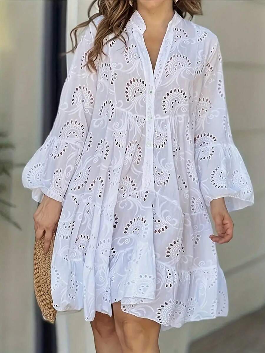Women's Fashion Casual Hollow-Out Lace Trim Open Front Loose Long Sleeve Dress - 白色 - 查看 1