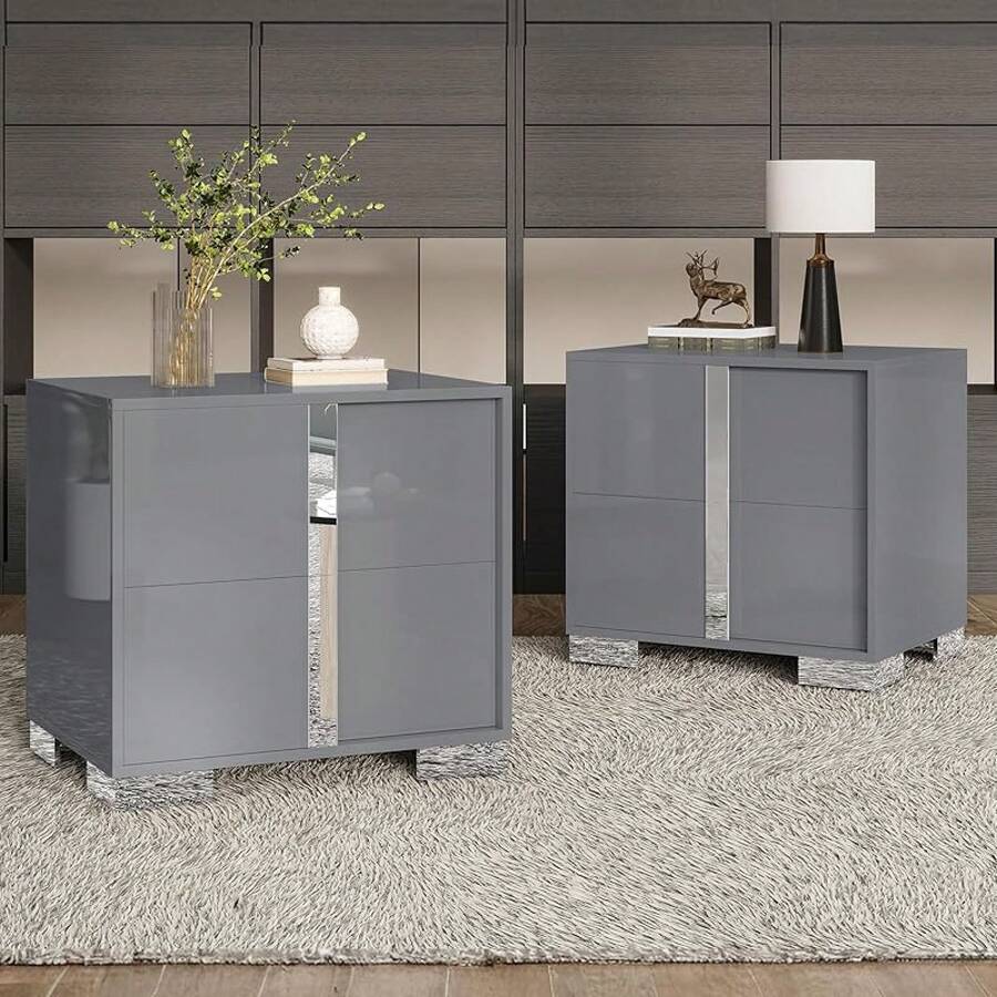 23.6" Modern Nightstand With Drawers – High Gloss UV Finish & Electroplated Pull Handle, Bedside Table For Bedroom - 灰色 - 查看 1