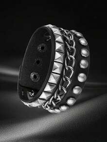 Xiacheng 1/6/9 件装尖头铆钉手链黑色皮革铆钉朋克手链袖口缠绕手镯按扣金属腕带男女通用