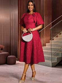 女士提花通勤压花优雅3D立体花卉泡泡袖A字连衣裙，适合鸡尾酒会、毕业典礼、生日、婚礼宾客、舞会、晚宴、返校节等场合。 - 紅色 - 查看 1