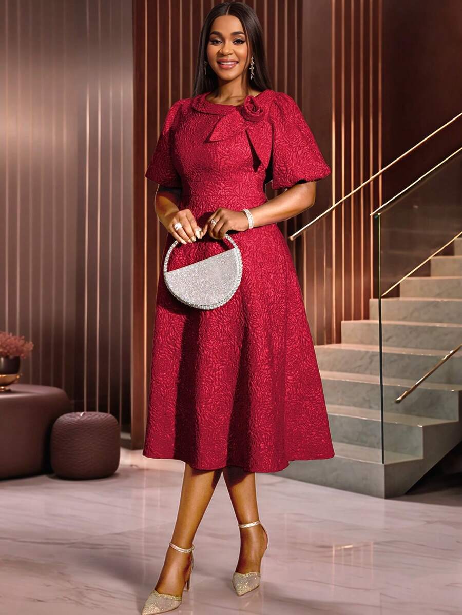 女士提花通勤压花优雅3D立体花卉泡泡袖A字连衣裙，适合鸡尾酒会、毕业典礼、生日、婚礼宾客、舞会、晚宴、返校节等场合。 - 紅色 - 查看 1