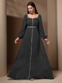 Women's Elegant Sequin & Ribbon Patchwork Lantern Sleeve Dress, Spring & Summer - Black - View 6