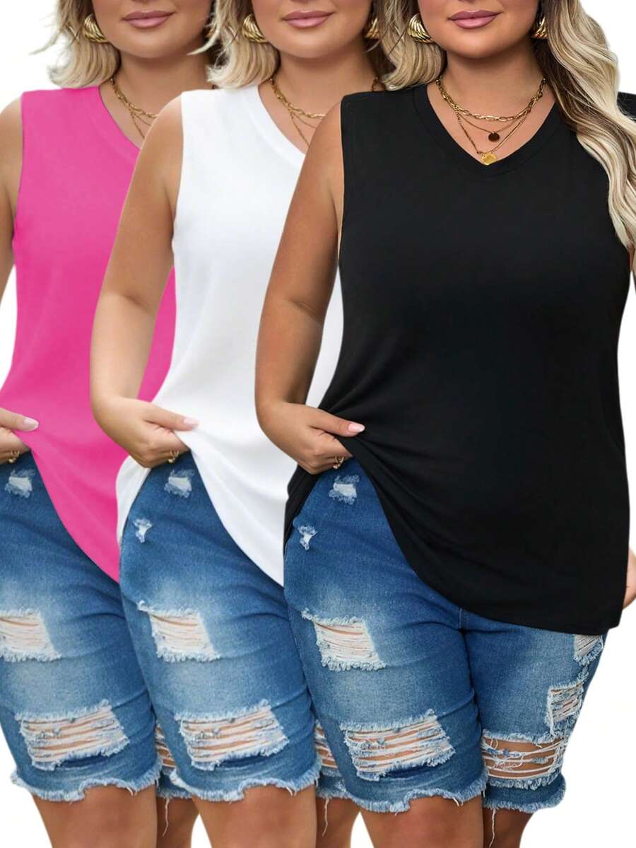 3 件装大码女式休闲无袖背心，V 领高弹力舒适涤纶针织夏季背心