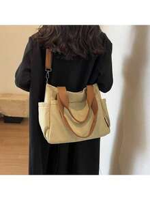 1 Pieza Bolso de lona de gran capacidad con múltiples bolsillos, bolso de hombro reutilizable para compras, fácil de llevar, asa cómoda, adecuado para uso diario y como regalo, bolso portátil para la escuela, el trabajo, los viajes y las compras - Multicolor - Ver 8