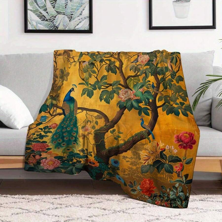 Vintage 70s/80s Peacock & Floral Throw Blanket – Soft, Colorful Spring Forest Design With Vibrant Peacocks & Lush Greenery ,Super Soft Flannel Printed 3D Blanket, As Birthday Gifts, Family, Wedding, Souvenir Blankets, Polyester Blankets Suitable For All Seasons, Washable, Machine Washable, Lightweight, Breathable, Comfortable, Warm, Unique, 280gsm For Him, Her Personalized Ideal Gifts For Her, Him, Family, Boyfriend, Girlfriend, Father, Family, Mother, Lover, Daughter, Son, Grandfather, Grandmother, Friend, Classmate, Pet. Perfect Nap, Camping, Travel, Home, Daily Life, Office Decoration, Birthday, Anniversary, Valentine's Day, Thanksgiving, Christmas, Halloween, Mother's Day, Father's Day, Wedding, New Year Gifts ,Sofa,Bed,Car,Bedroom,Living Room,Office, Outdoor Camping, Beach,Wall Decoration - 彩色 - 查看 1
