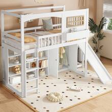 Sairedel Bunk Bed, Children's Bed, With Gate, With Children's Slide And Wardrobe, Ample Storage Space, With Four-Step Ladder, Pine+MDF+Plywood, White, 90x200cm