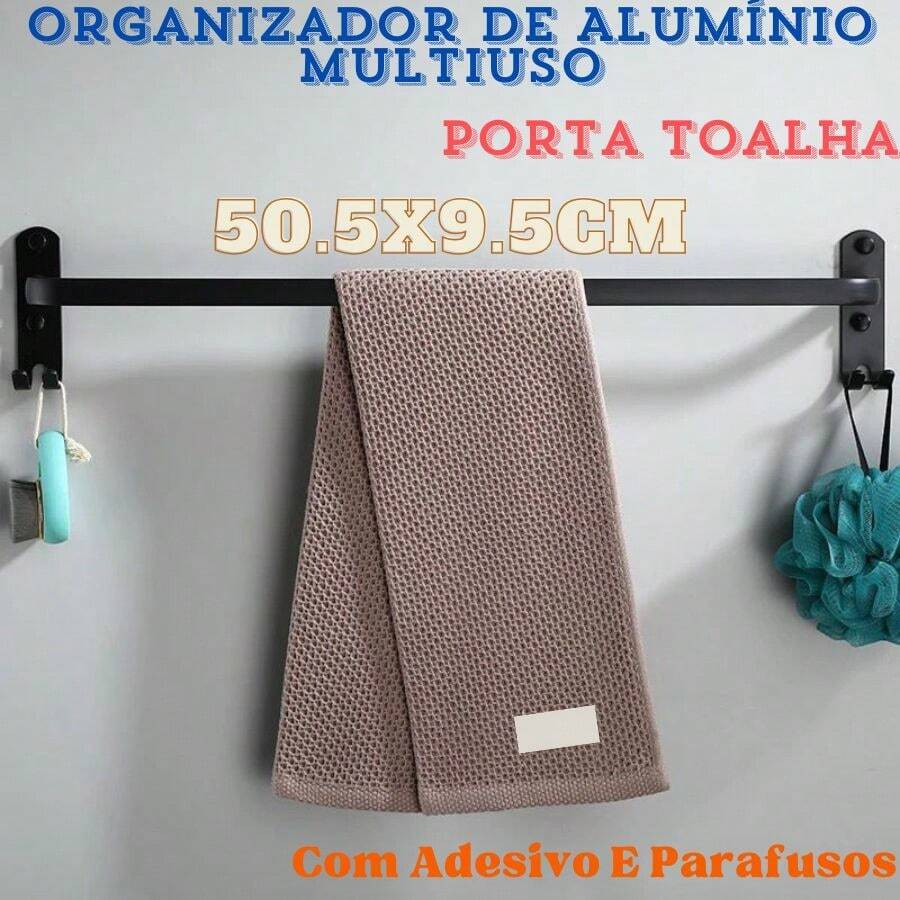 Organizador De Alumínio Multiuso Porta Toalha Suporte Toalheiro Banheiro Com Adesivo Preto 50.5x9.5 - Preto - Visão 1