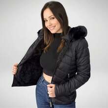 Women's Puffer Jacket Plush Lined With Removable Hood Simple Casual Party - màu đen - Xem 5