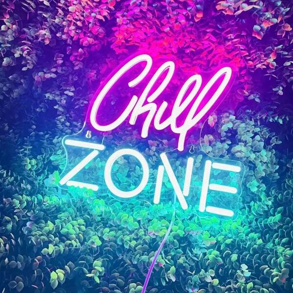 Chill Zone LED Neon-Schild - USB-betriebenes Wandlicht mit pinkfarbener Kursivschrift, mehrfarbiges Leuchten, perfekt für Schlafzimmer, Wohnzimmer und Party-Dekoration, Neon-Schilder für Wanddekoration