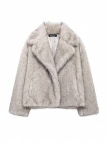 SHIBASHAN Winter Women Fashion Lapel Faux Fur Jackets With Pockets Elegant Long Sleeve Warm Fluffy Coat - Grey - View 5