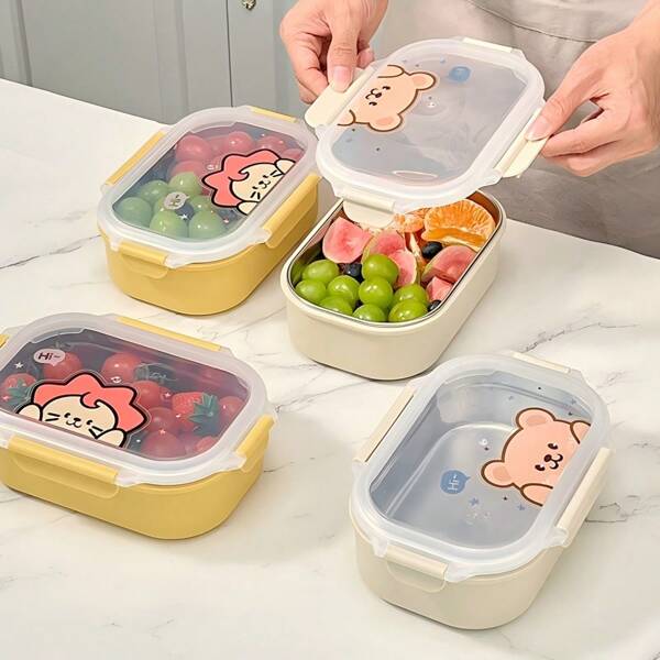 WORTHBUY 304 Stainless Steel Bento Box With Cute Cartoon Pattern, Microwave-Safe & Leak-Proof Salad Food Container, Suitable For Students And Adults At School Office, Back To School Supplies