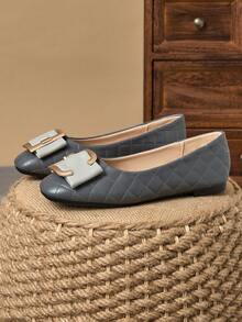 WHDXY 女士方头蝴蝶结平底便鞋，温柔风格，时尚乐福鞋，百搭休闲芭蕾鞋，舒适柔软鞋底，春季新品 - 深灰色 - 查看 4