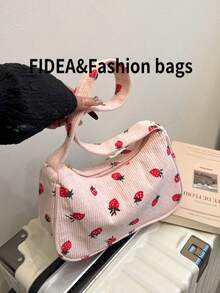 新款时尚女士单肩包，草莓印花灯芯绒面料轻便腋下包，时尚百搭，适合约会、购物 - 粉色 - 查看 6