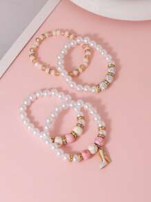 4pcs Set Elegant Faux Pearl, Turquoise Bead, Rhinestone Decor Layered Elastic Bracelet, Suitable For Women Daily, Date, Party Accessories