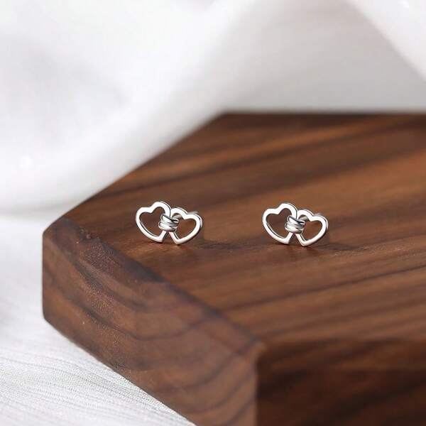 1 Paar minimalistische 925er Sterling Silber Cut Out Doppel-Herz-Form Ohrstecker, geeignet als Schmuckgeschenk für Mädchen, Feiertage