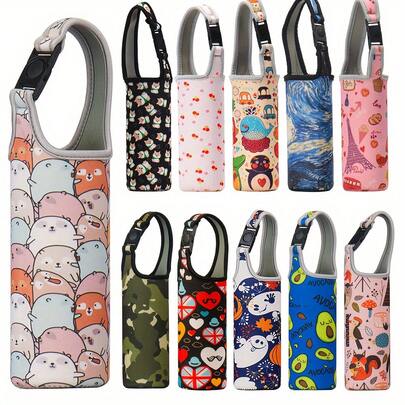 1 套卡通水瓶袋带 - 彩色图案隔热杯架、便携式真空玻璃杯架、热饮冷饮玻璃袋、夏季和冬季饮具配件、水瓶配件、圣诞红