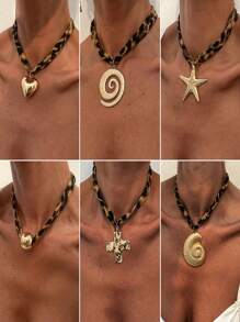 1 pieza Collar bohemio con colgante de leopardo, cuentas grandes, concha, flor y corazón para mujer, collar tipo gargantilla para playa, joyería de regalo