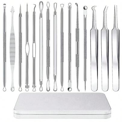 Set de 15 piezas para eliminar puntos negros con carcasa de metal, fácil y rápido para eliminar acné, puntos negros, granos en la frente, la cara y la nariz (plata completa)