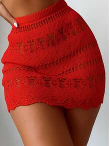 Beach Cover-Up Crochet Knit Lace Skirt With Elastic Waistband And Adjustable Waistband - Đỏ - Xem 4