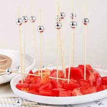 200 pièces Brochettes en bambou, design de perles de fantaisie rondes, convient pour la cuisine, la table, les salades de fruits, les mariages, les événements de fête, convient pour le Ramadan ou les fêtes, couleur argent