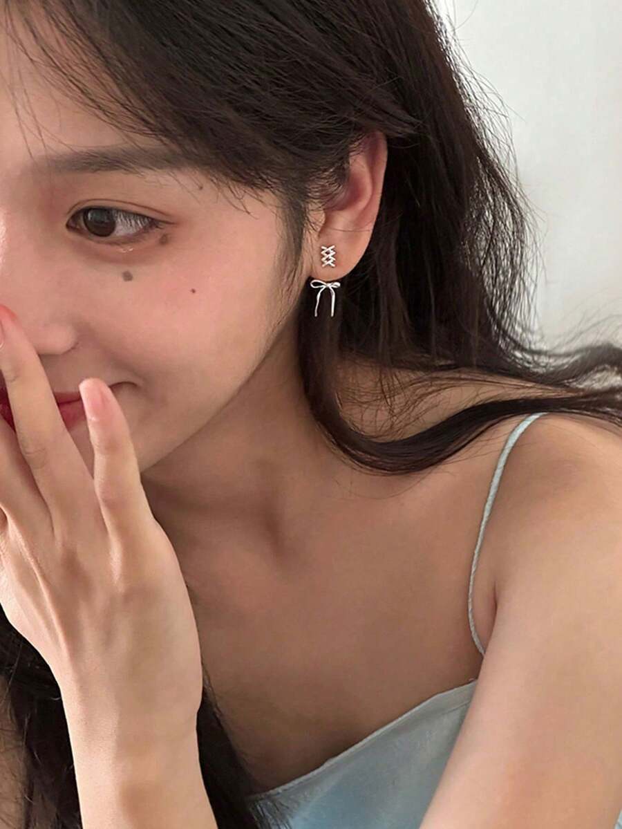 1 件蝴蝶结银针耳环，精致甜美清新风格，可爱新款丝带耳环，适合女士 - 銀色 - 查看 1