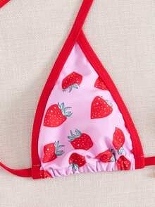 2 piezas Conjunto de bikini de mujer con estampado de cerezas, escote halter, para vacaciones en la playa con ribete contrastante, para verano - Multicolor - Ver 3