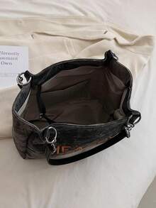 女士时尚字母刺绣大容量托特包，适合日常通勤 - 黑色 - 查看 9