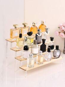 1pc Multi-Tier Makeup Display Stand, Wooden Perfume Storage Rack, Figurine & Craft Display Shelf, Stepped Jewelry Rack, Action Figure Stand And Storage Box, Detachable Divider Durable Plastic Organizer Box For Statuettes, Jewelry, Nail Polish, Glasses - Multifunctional Desktop Storage Shelf For Crafts Exhibition And Home Decor, Small Shelving Unit, Clear View Design, Easy To Clean Materials