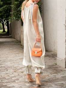 Women's Plus Size Casual Solid Color Knot Strap Binding Rope Body Suit Pants