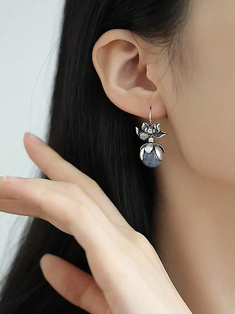 1pc Vintage Plated Oxidized Silver Tone Lotus Flower Bead Dangle Earrings, Suitable For Women's Daily, Party, Festival Gifts (Natural Stone Texture, Shipped Without Box) - Silver - View 4