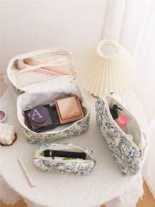 1 件花卉印花绗缝女士化妆包，柔软面料花卉印花拉链化妆包，适合存放化妆品、护肤品、口红、指甲油、发饰，非常适合家庭、旅行、新年/情人节礼物旅行必需品包，适合学校假期返校用品化妆包女士旅行包