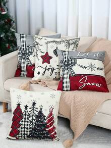 4pcs Christmas Throw Pillow Covers - 18 X 18 Inch Set (Pillow Inserts Not Included) - Christmas Tree, Winter Cottage, Holiday Cheer Bright Cushion Covers, Washable With Zipper Closure - Suitable For Sofa, Patio, Bedroom, All Room Types, Holiday & New Year Decor, Festive Parties, Christmas Party, Holiday Decoration, Party Favors, Home Decor, Fun Christmas Party Decorations, Christmas Holiday, Happy New Year, Christmas Gifts, Christmas Decoration