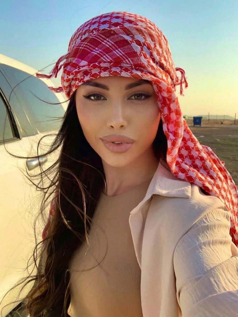 1 chiếc khăn trùm đầu Shemagh Ả Rập họa tiết răng sói, khăn choàng sa mạc chiến thuật quân sự có tua rua - Đỏ - Xem 1