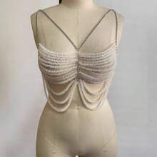 Sexy, Fashionable, High-End Diamond Studded Chest Chain, Top Chain, Wedding Dress, Nightclub Party Jewelry New Leisure Style Of Simple Faux Pearl Halter Tops Teen Style Cute Beaded Beautifully Cami Vest ,Pearl Bead Body Chain