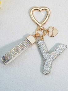 1pc Soft Pottery Pink Letter Rhinestones Keychain, Cute & Personalized Bag Charm, Car Key Chain, Heart Decor Gift For Mom, Friend, Valentine's Day School - White - View 14