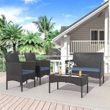 4-Piec Rattan Outdoor Furniture Patio Conversation Set For Backyard, Porch, Poolside W/Coffee Table-Sand - Blue - View 8