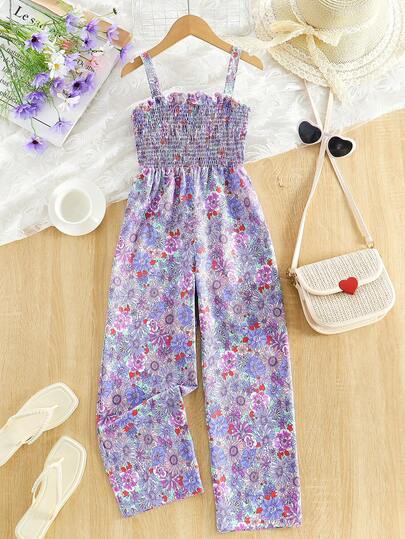 Girls' Boho Floral Print Pleated Jumpsuit, Suitable For Outing, Party, Holiday, Children Summer Clothing
